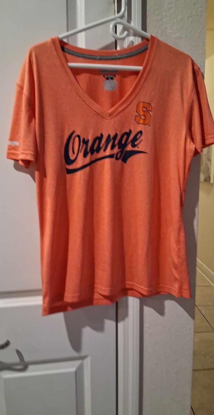 P:  Women's Orange V-Neck Short Sleeve Tee with Script Logo